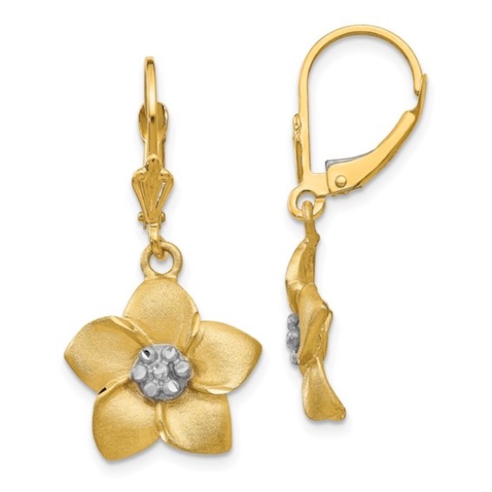 14K Two Tone Plumeria Leverback Earrings